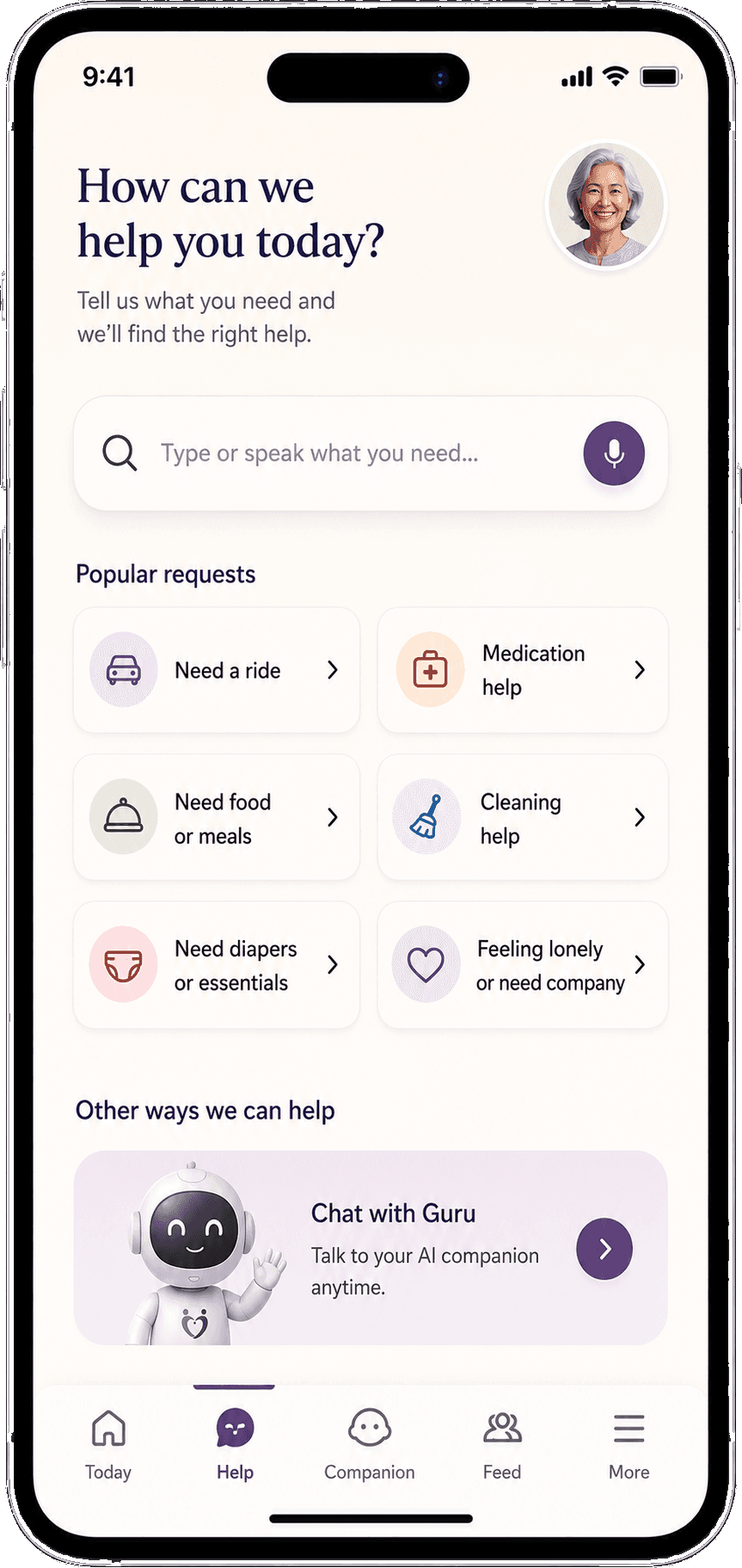 TheSeniorGuru help screen with ride, medication, meals, cleaning, essentials, and companionship requests.